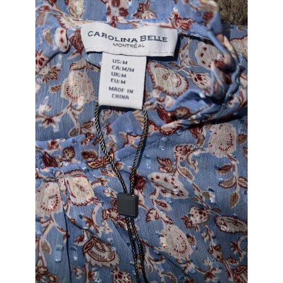 Carolina Belle Blouse Women M Blue Short Ruched Sleeve Dotted Swiss Ruffle Neck - Picture 2 of 6